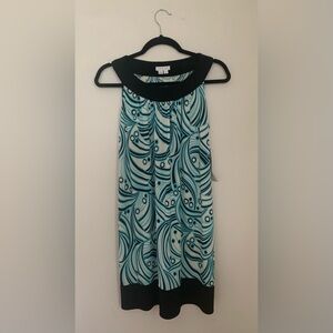 Abstract Patterned Dress Trimmed In Black
